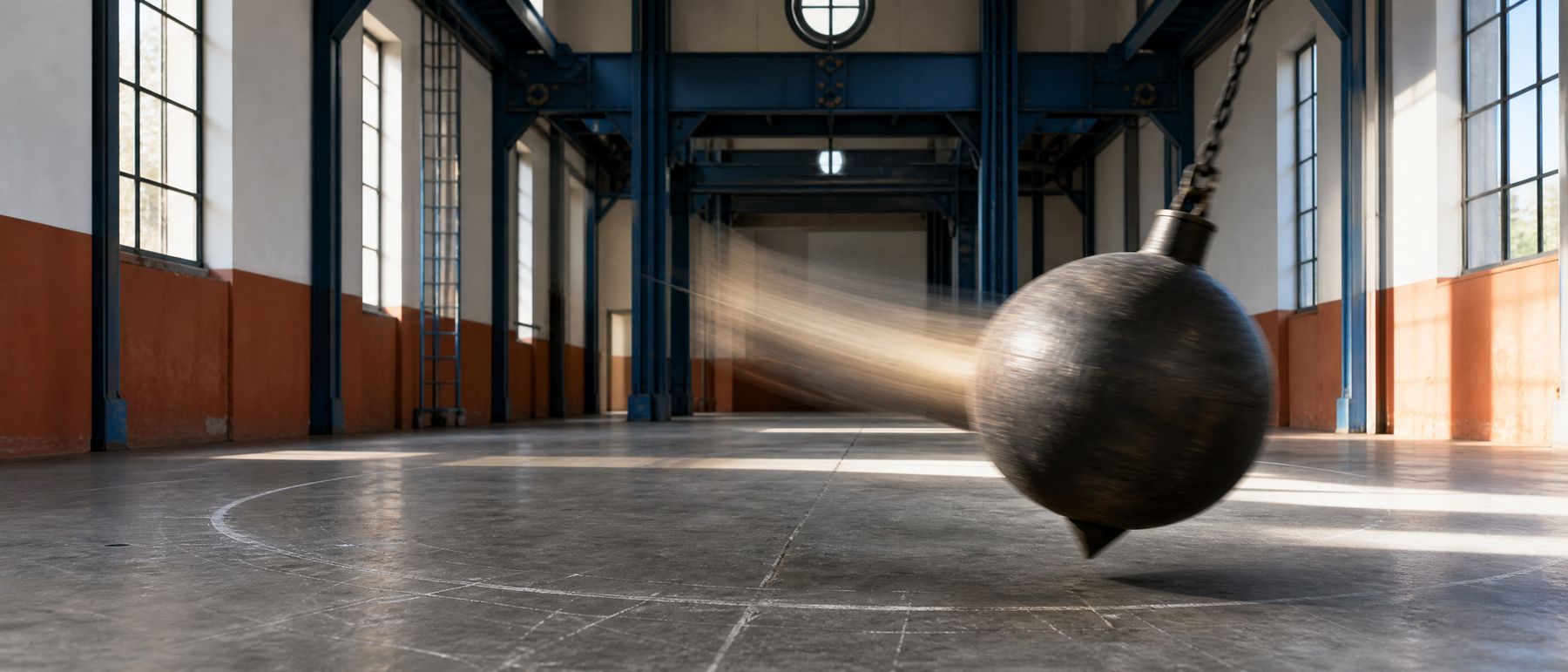 A heavy iron pendulum on a steel cable swinging through a bright empty industrial hall, chalk arc marked on the concrete floor