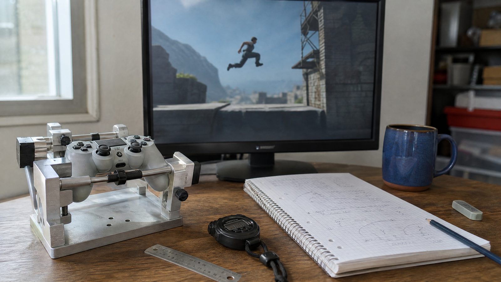 A daylight workbench with a controller in a metal clamp, a monitor showing a paused frame, a notebook of pencilled figures and a stopwatch