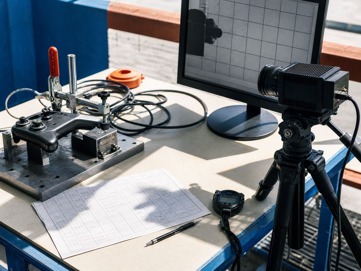 A test bench with a controller clamped in a jig, a high-speed camera on a tripod, a stopwatch and a grid of pencilled figures