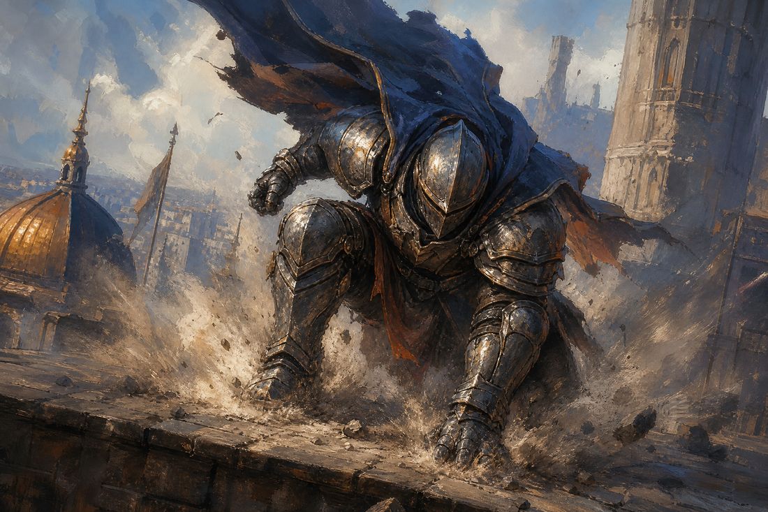 An armoured figure landing heavily on a stone rooftop with dust bursting outward from the impact