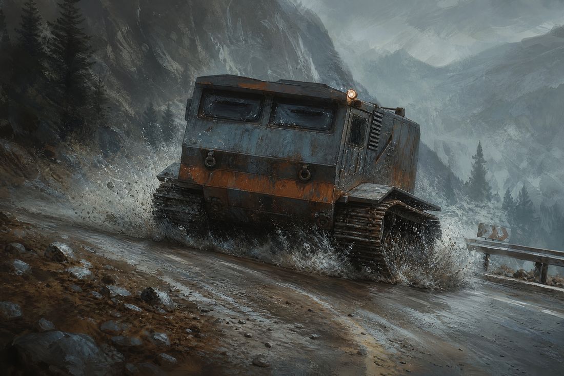 A heavy tracked vehicle sliding sideways on wet gravel around a tight mountain bend with spray thrown wide