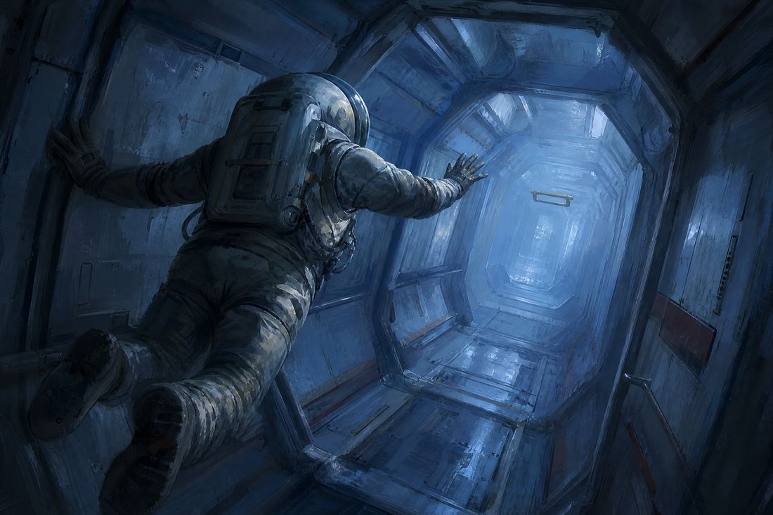 A figure in a bulky pressure suit pushing off a wall and drifting down a dim blue zero-gravity corridor