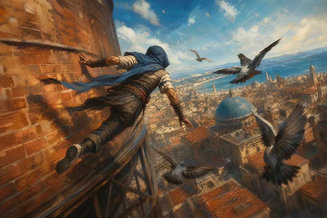 A nimble figure wall-running along the side of a brick water tower with pigeons scattering
