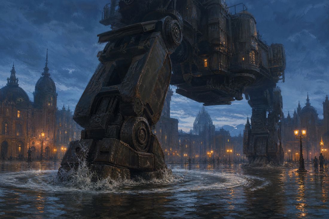 A hulking mechanical walker taking a single slow step across a flooded plaza at dusk, water displaced in a wide ring